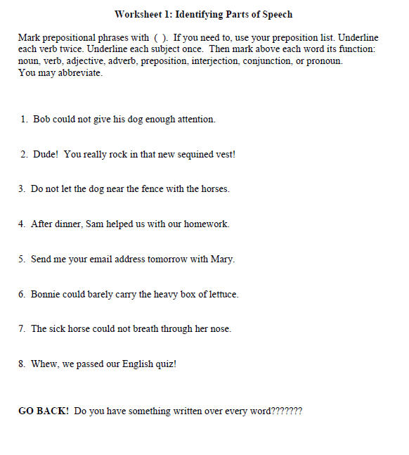 identify parts of speech in a sentence worksheet