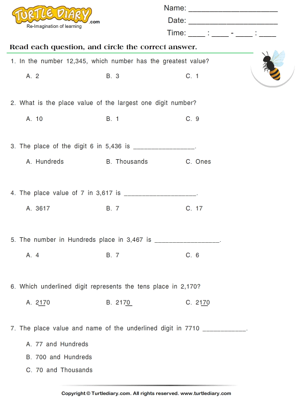 Identify the Place Value up to Thousands | Turtle Diary Worksheet