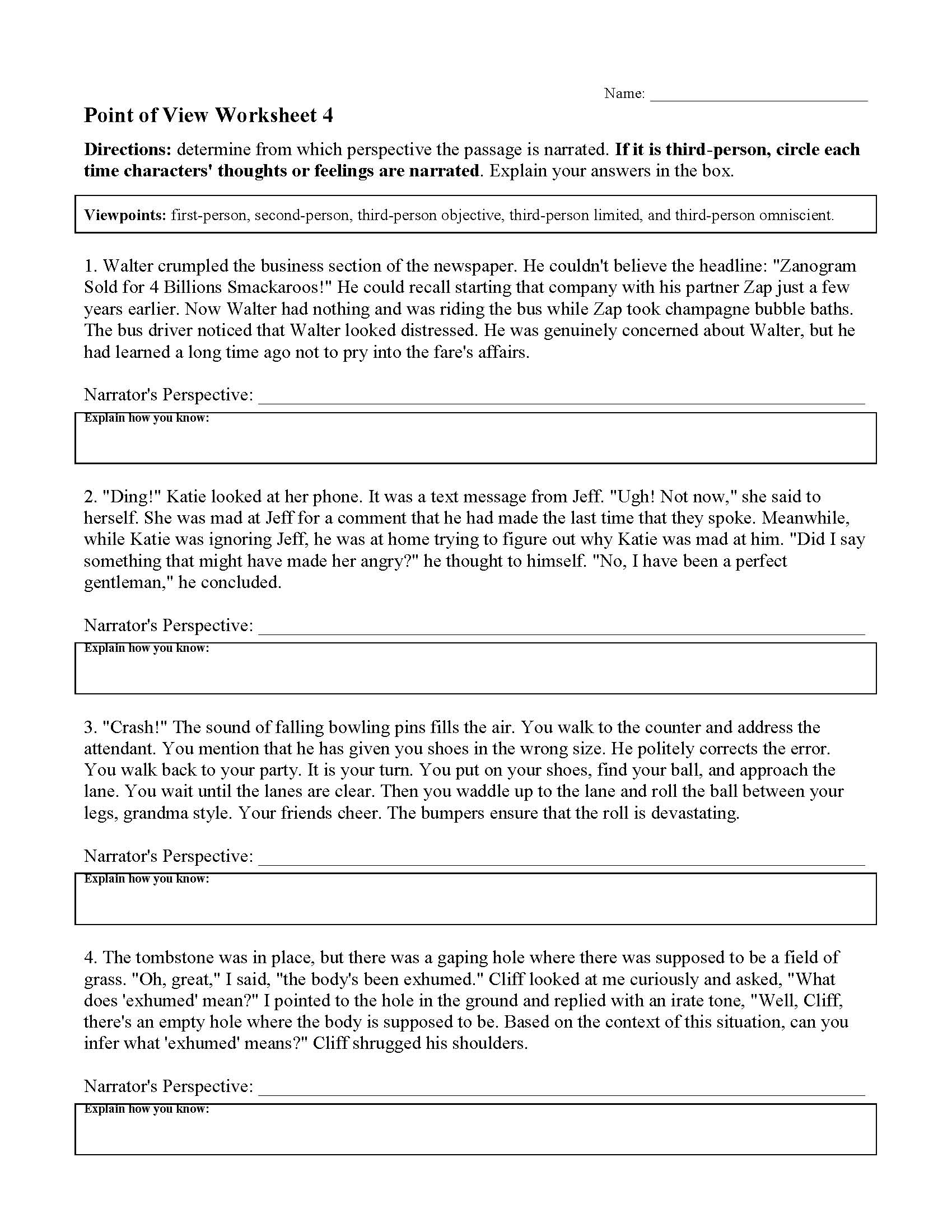 Point of View Worksheet 4 | Reading Activity