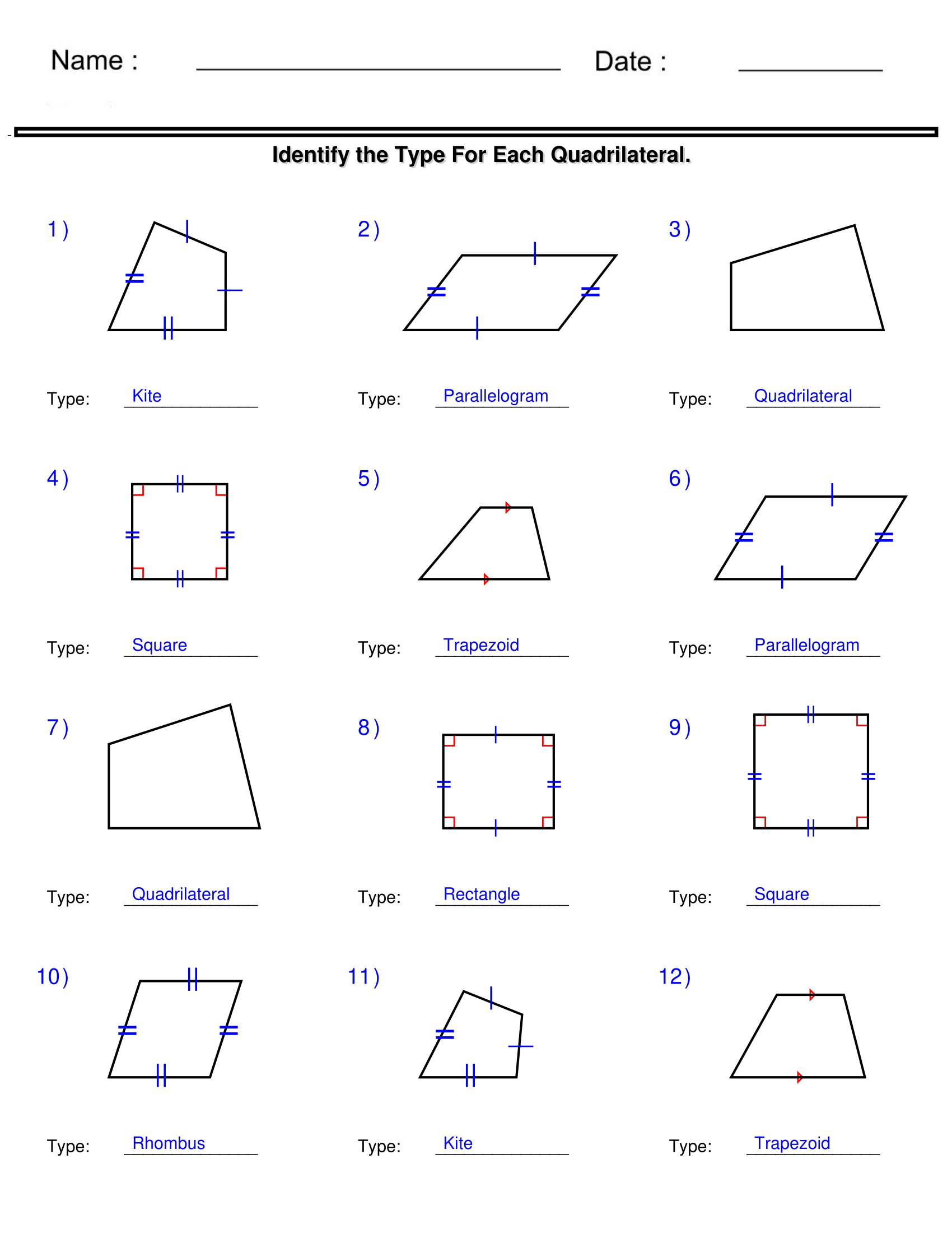 Identify the Type For Quadrilateral - Quadrilaterals and Polygons ...