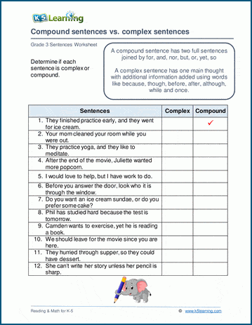 identify simple compound and complex sentences worksheet