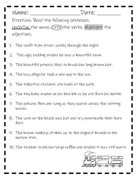 identify the part of speech worksheet