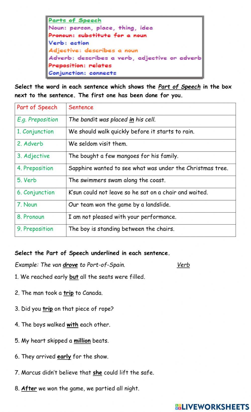 Parts of Speech Quiz Parts of speech, Parts of speech worksheets