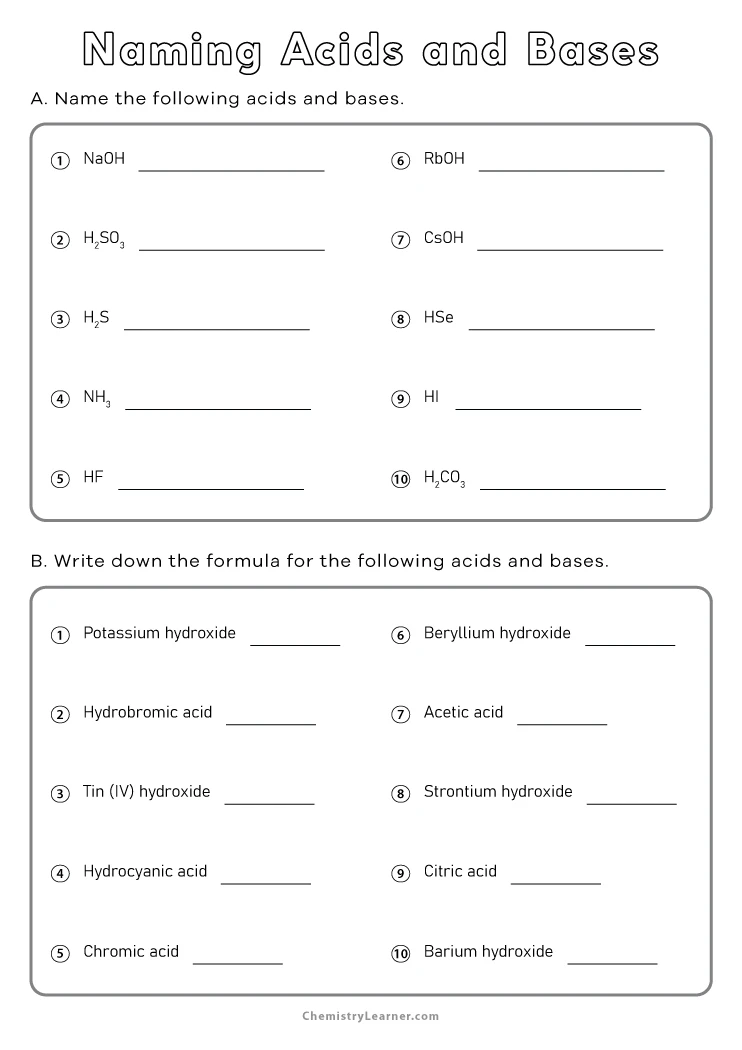Free Printable Naming Acids and Bases Worksheets