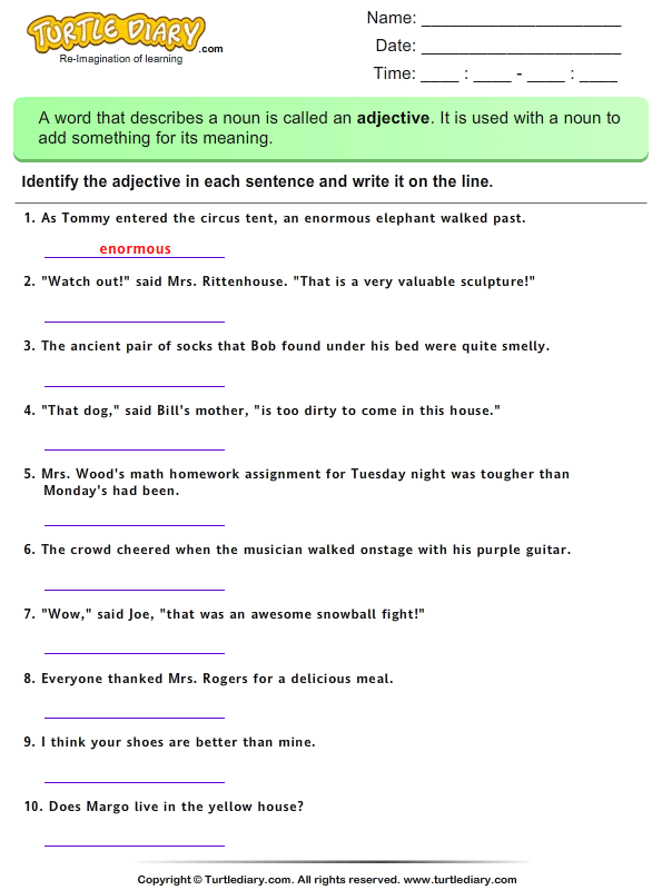 Identify Adjectives in a Sentence | Turtle Diary Worksheet