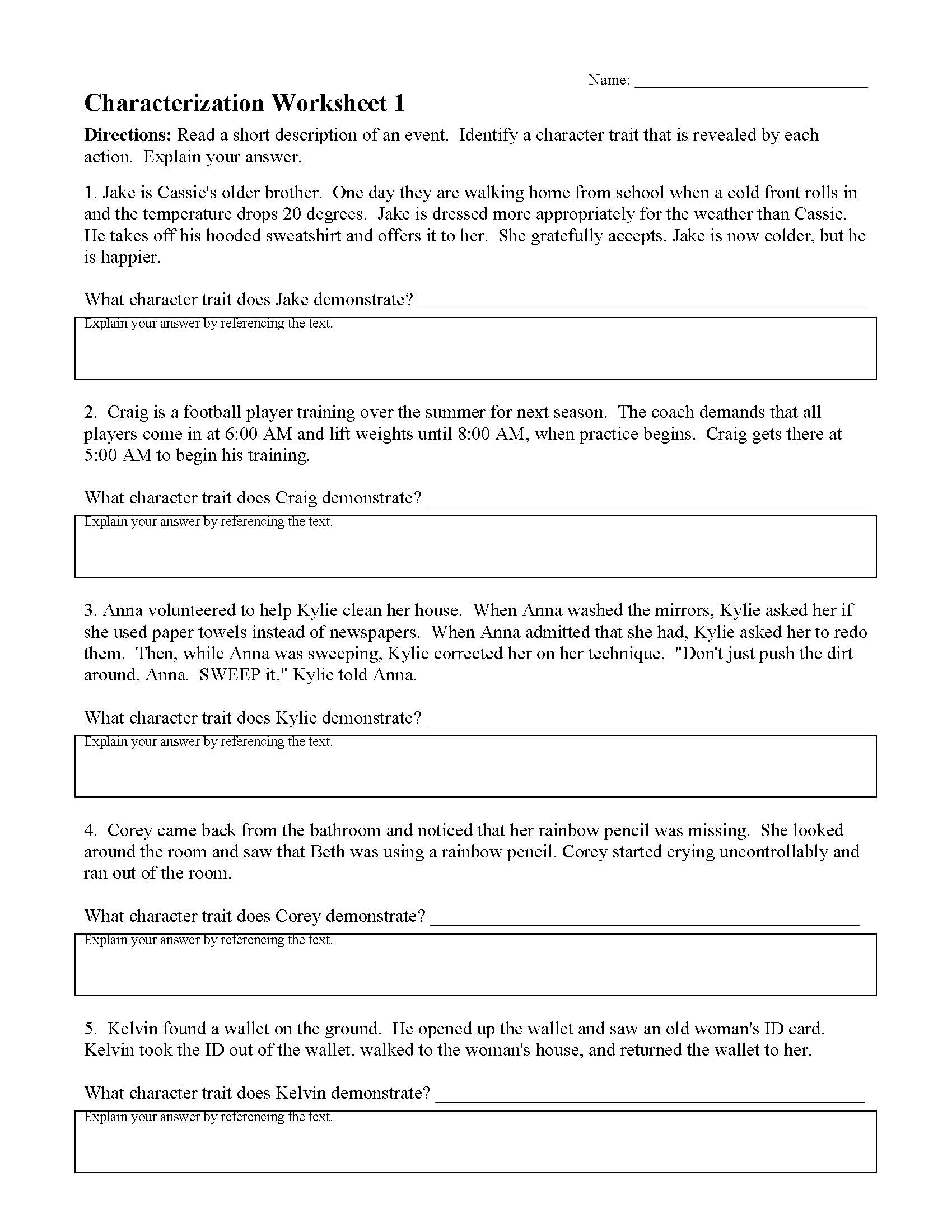 Characterizations Worksheet 1 | Reading Activity