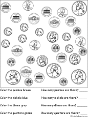 Sorting: Color and count the US coins Worksheet Printout #2 ...
