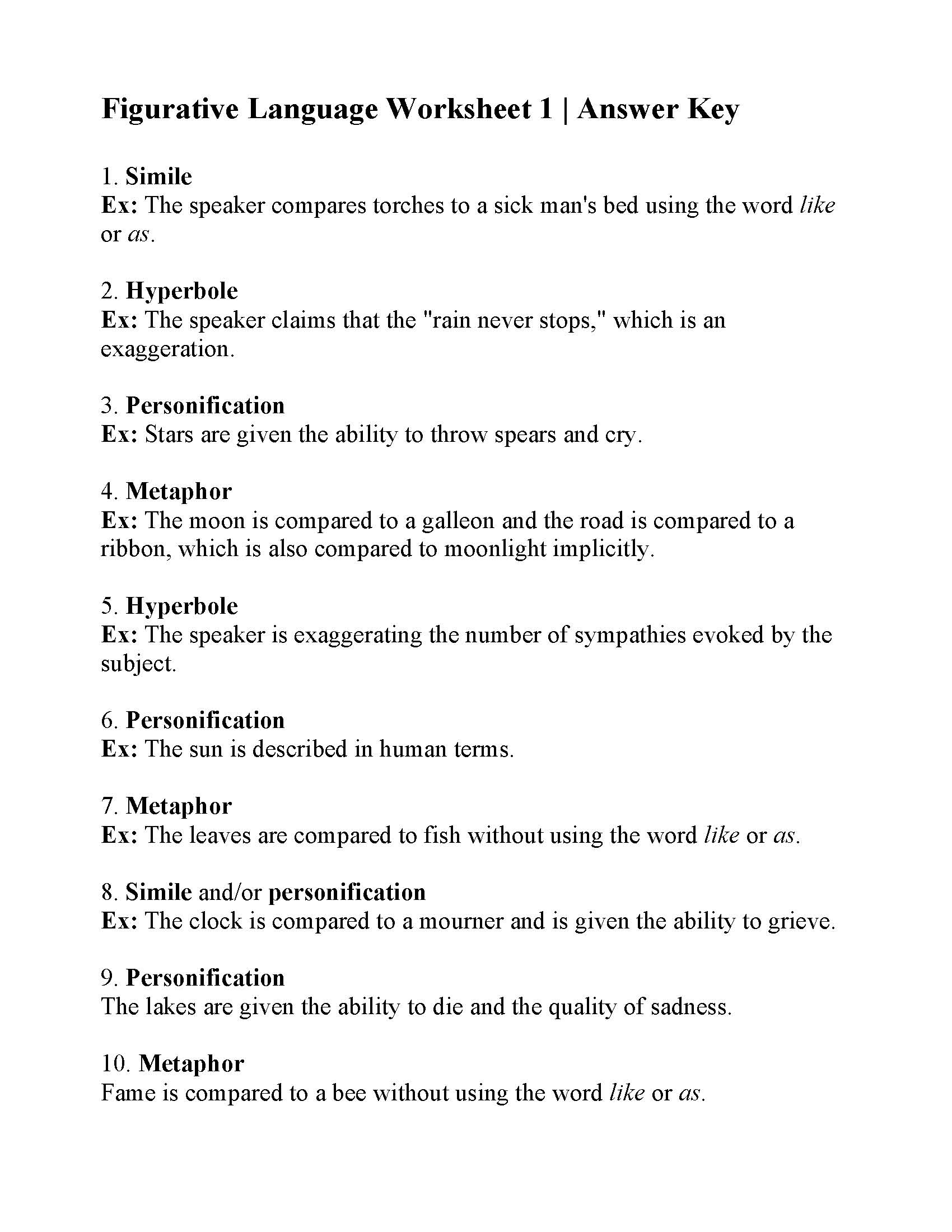 identifying figurative language worksheet answers