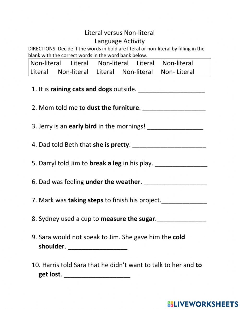 Literal Language versus Figurative Language worksheet | Live ...