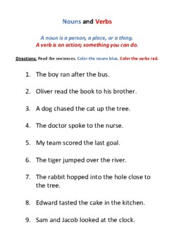 identifying nouns and verbs worksheet