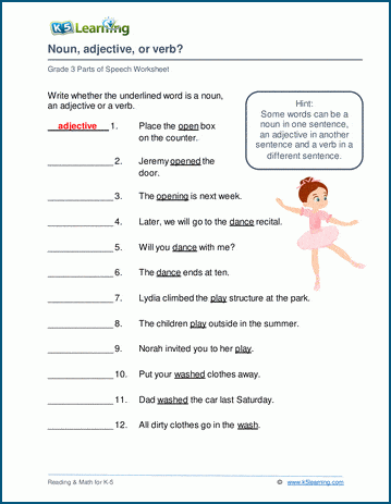 identifying nouns verbs and adjectives in sentences worksheet