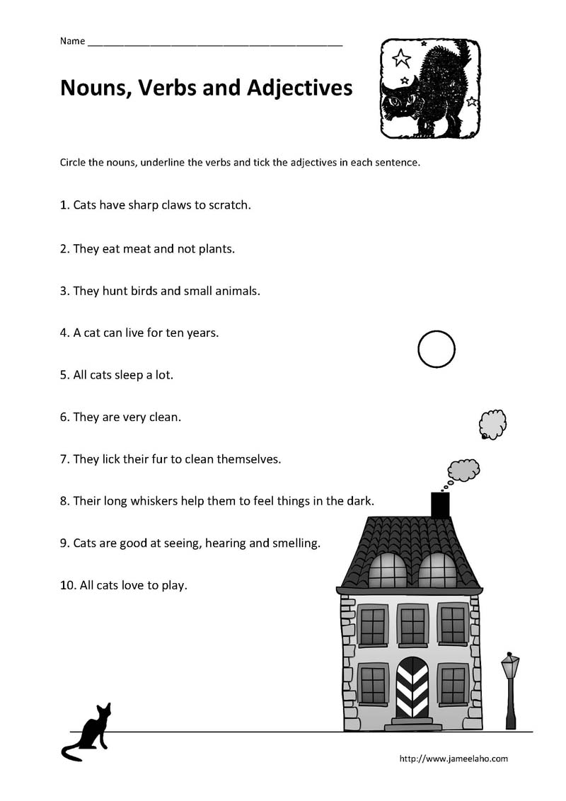identifying nouns verbs and adjectives in sentences worksheet