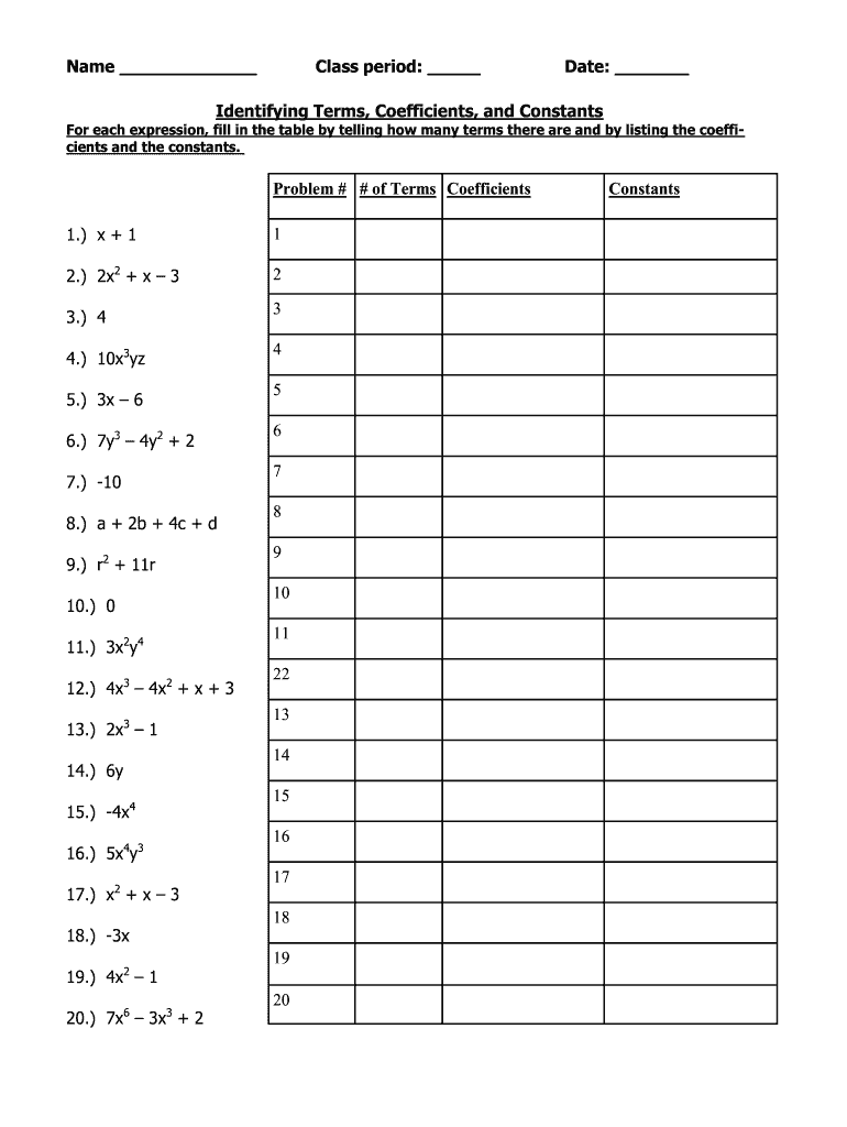 identifying parts of an expression worksheet