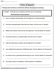 identifying parts of speech in a sentence worksheet