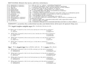 identifying parts of speech in a sentence worksheet