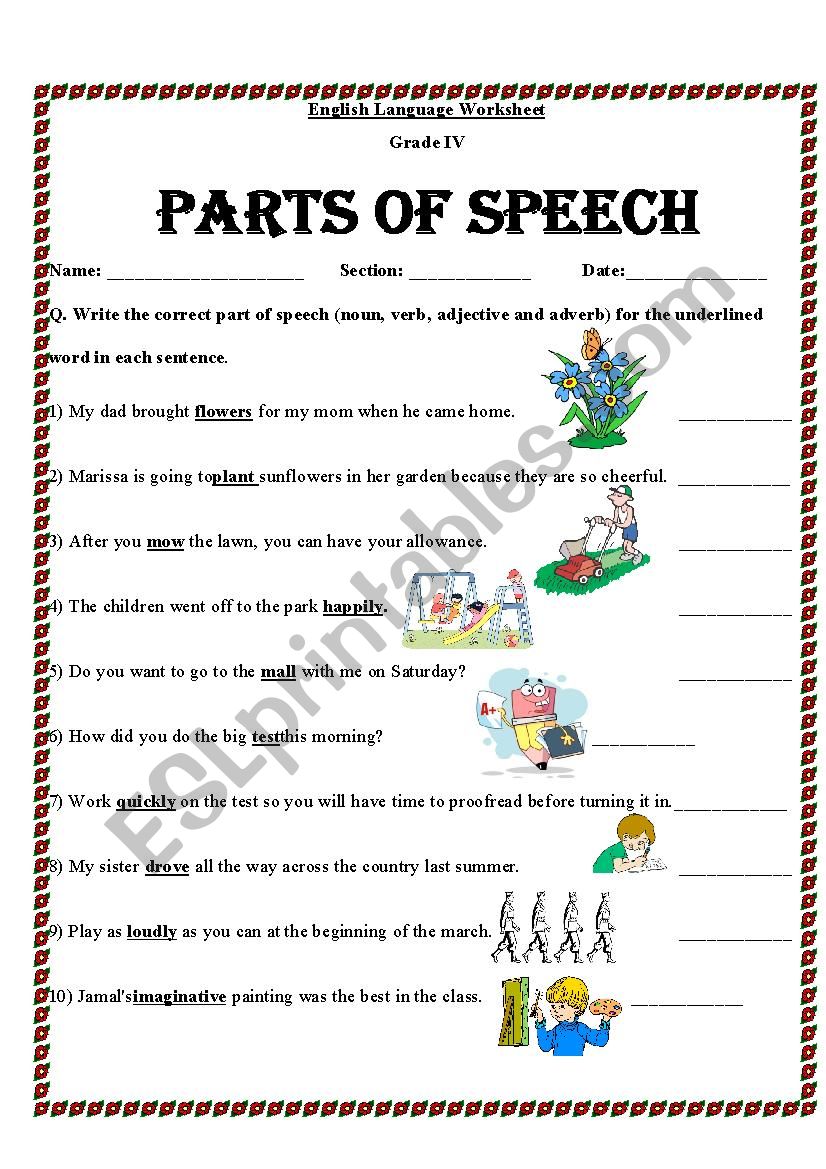 identifying parts of speech in a sentence worksheet