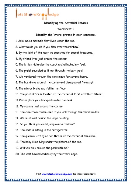 Grade 4 English Resources Printable Worksheets Topic: Adverbial ...