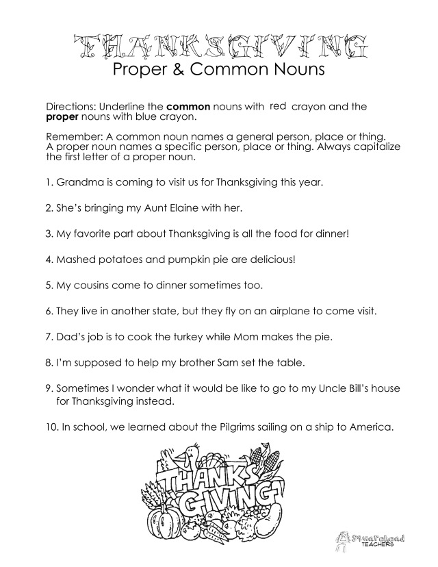Thanksgiving Common vs. Proper Nouns worksheet | Squarehead Teachers