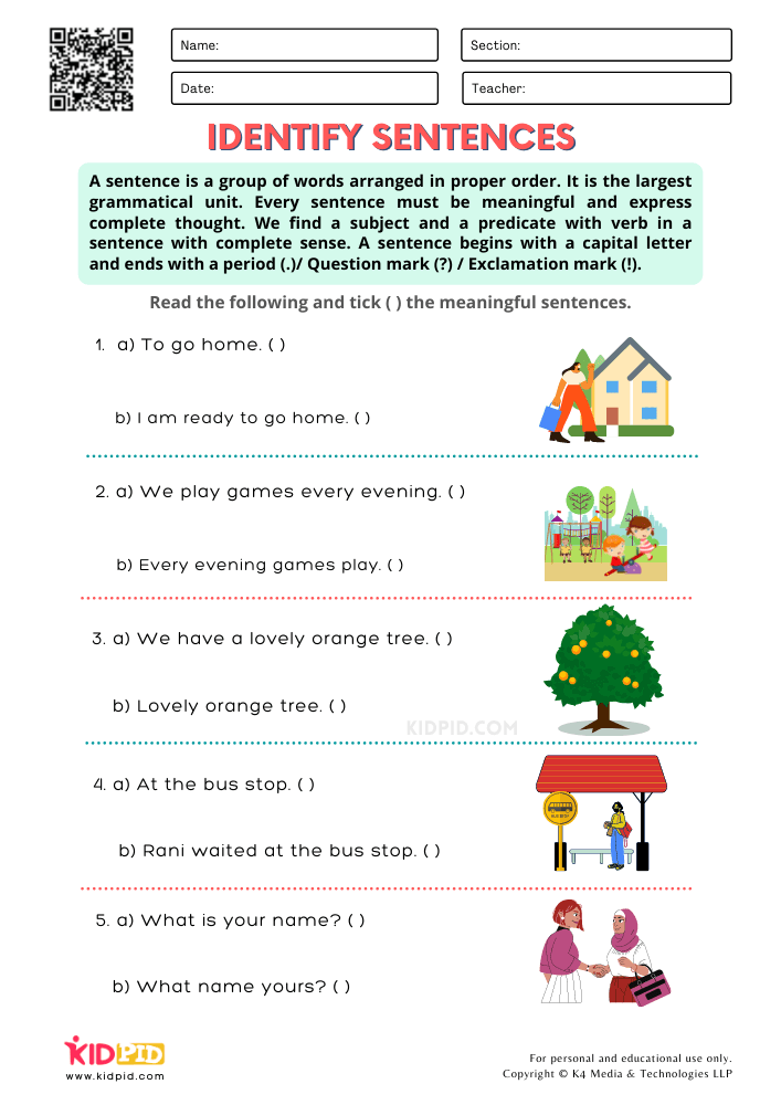 Identify Sentences Printable Worksheets for Grade 2 - Kidpid