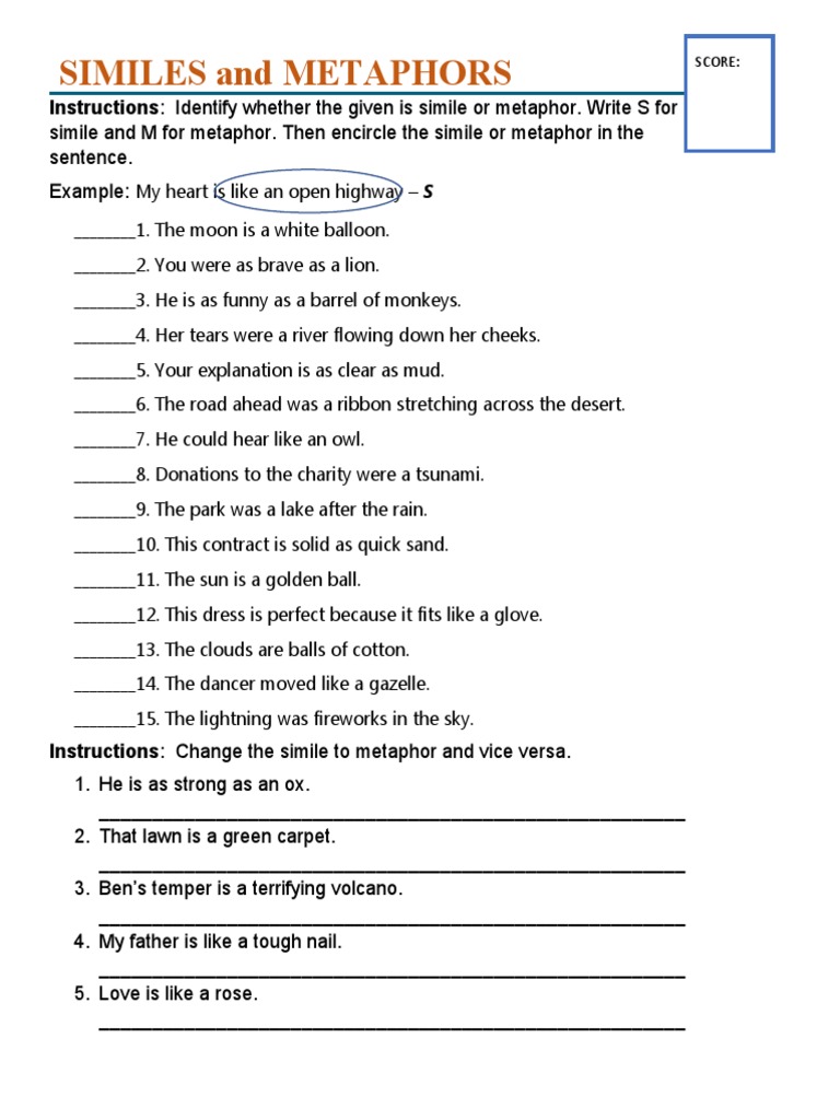 identifying simile and metaphor worksheet