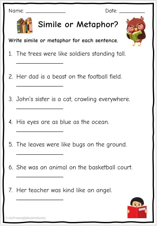 identifying simile and metaphor worksheet