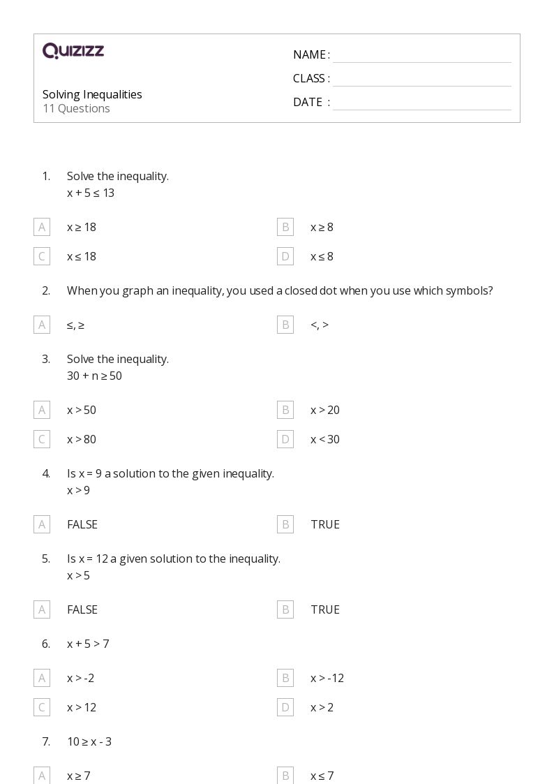 identifying solutions to equations and inequalities worksheet