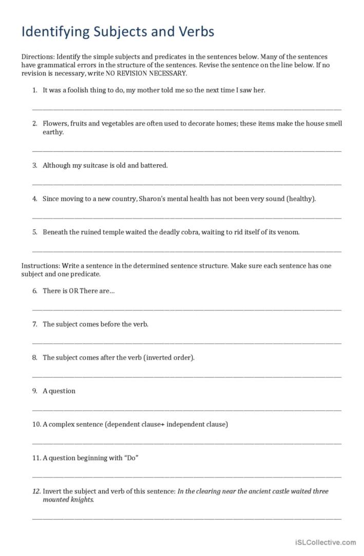 Identifying Subjects and Verbs English ESL worksheets pdf & doc