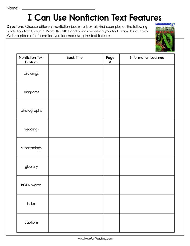 Using Non-Fiction Text Features Worksheet