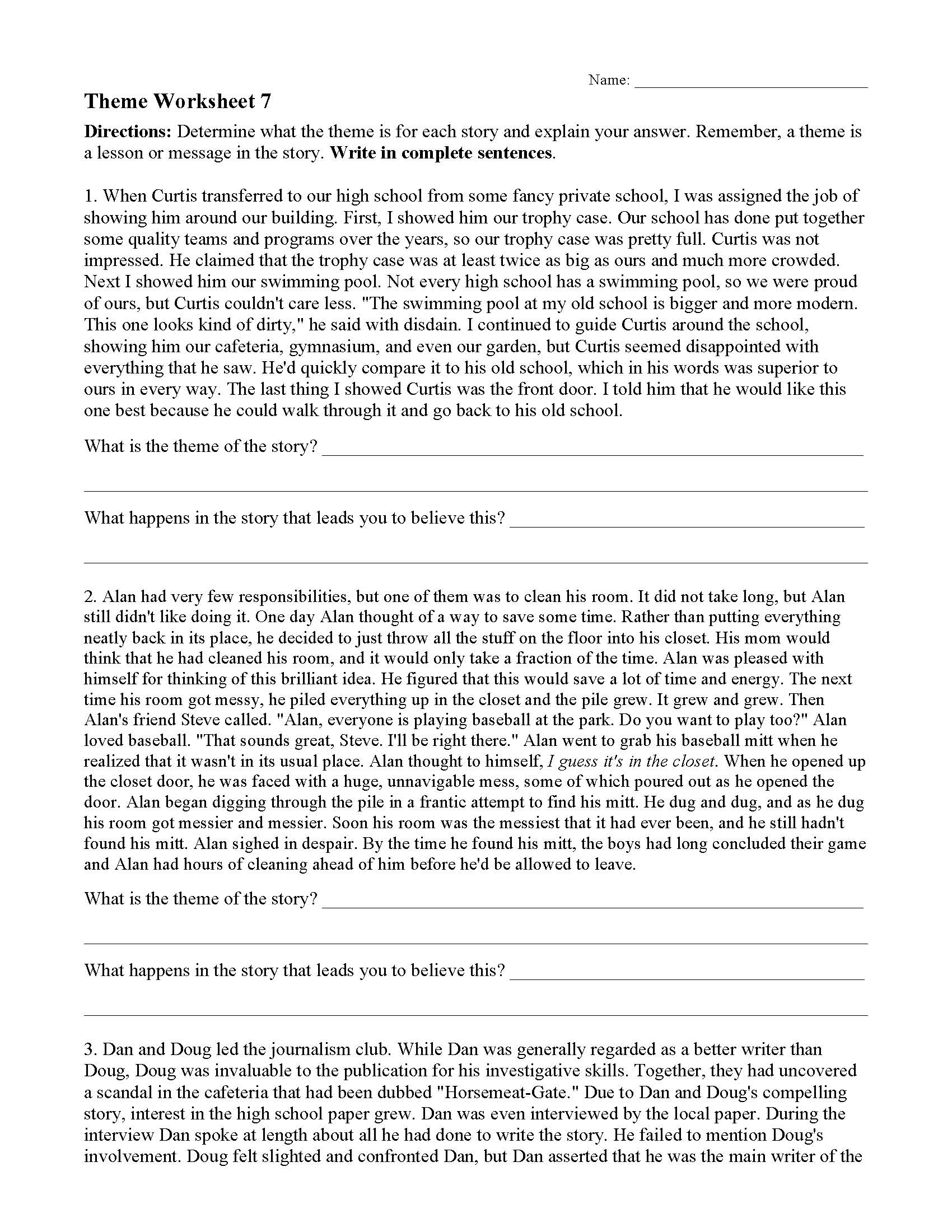 identifying theme worksheet for middle school