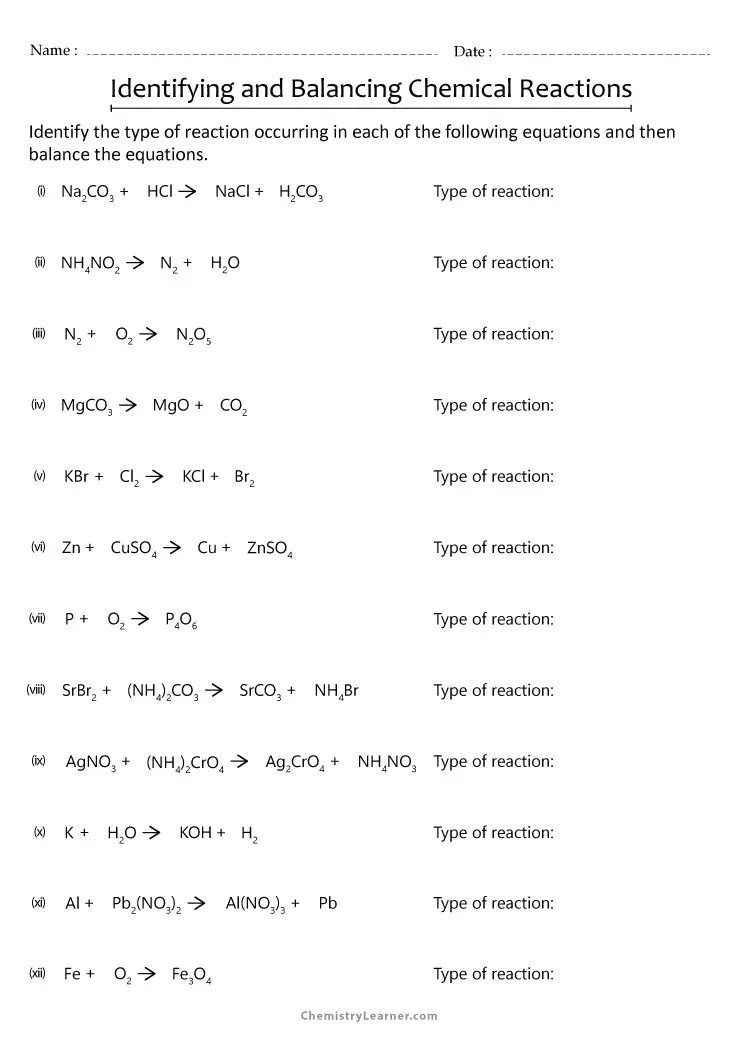 Free Printable Balancing and Classifying Chemical Equations Worksheets