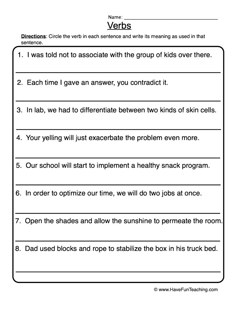 identifying verbs in a sentence worksheet