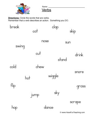 identifying verbs in a sentence worksheet