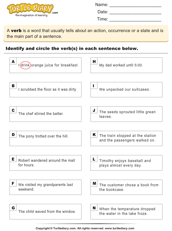 identifying verbs in a sentence worksheet