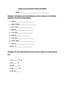 identity properties of numbers worksheet