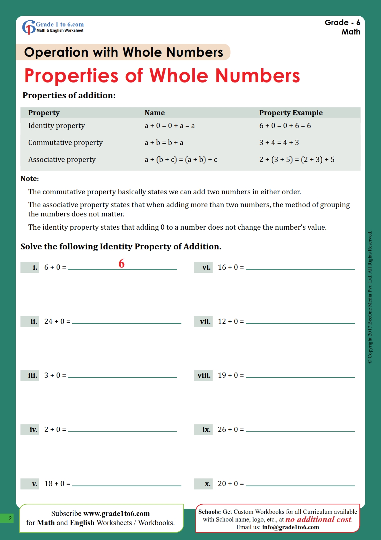 Identity Property of Addition Worksheet | Grade1to6.com