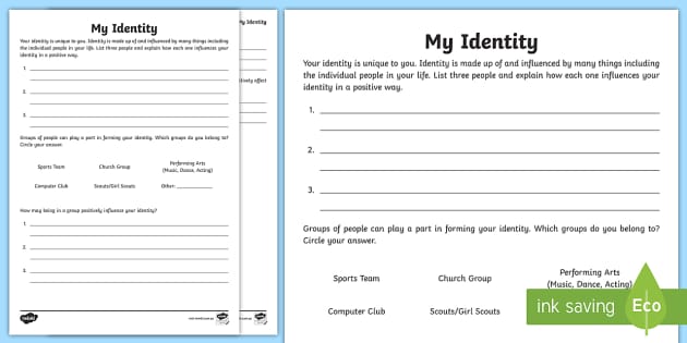 identity worksheet teenagers