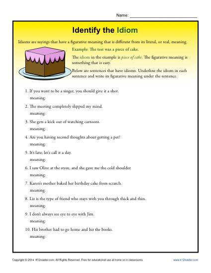 idiom worksheet 4th grade