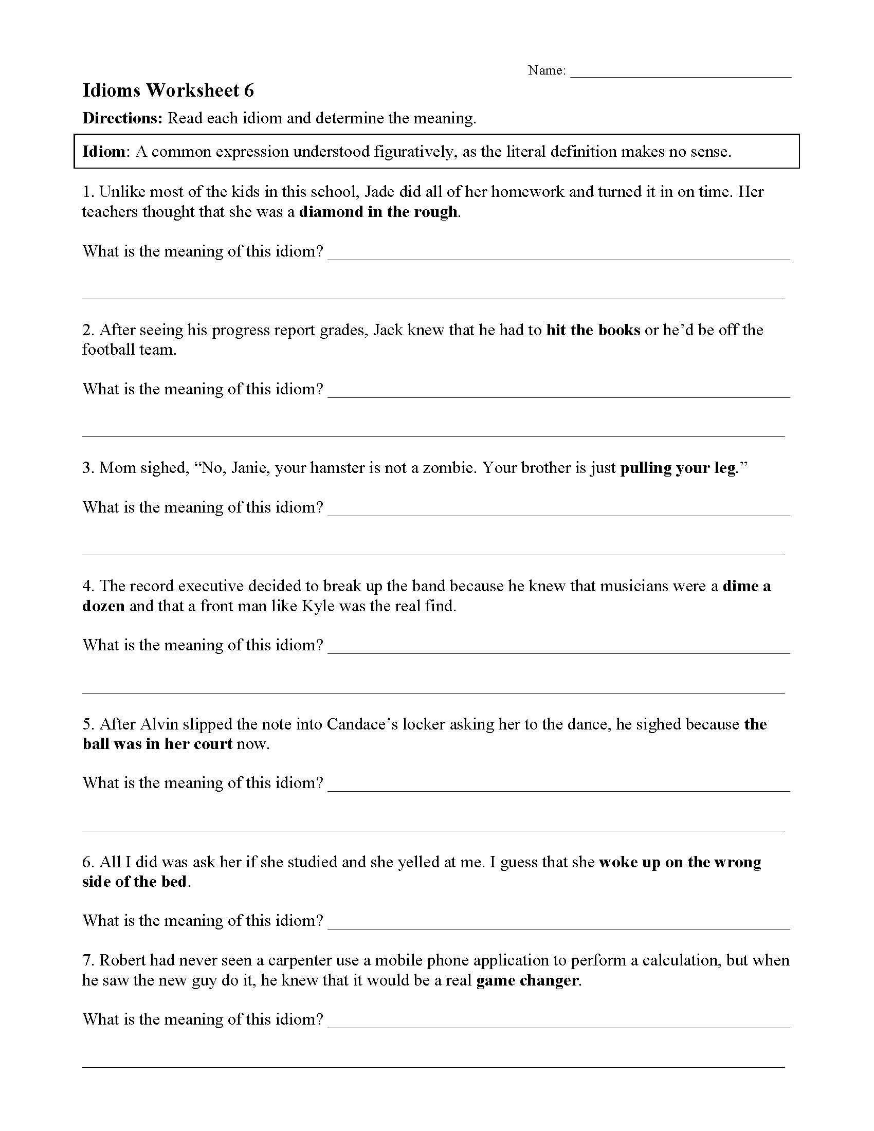 idiom worksheet for 6th grade