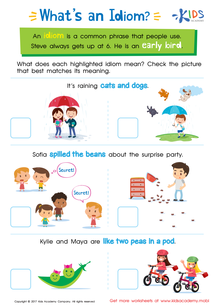 Idiom Worksheet, Printable PDF for Kids
