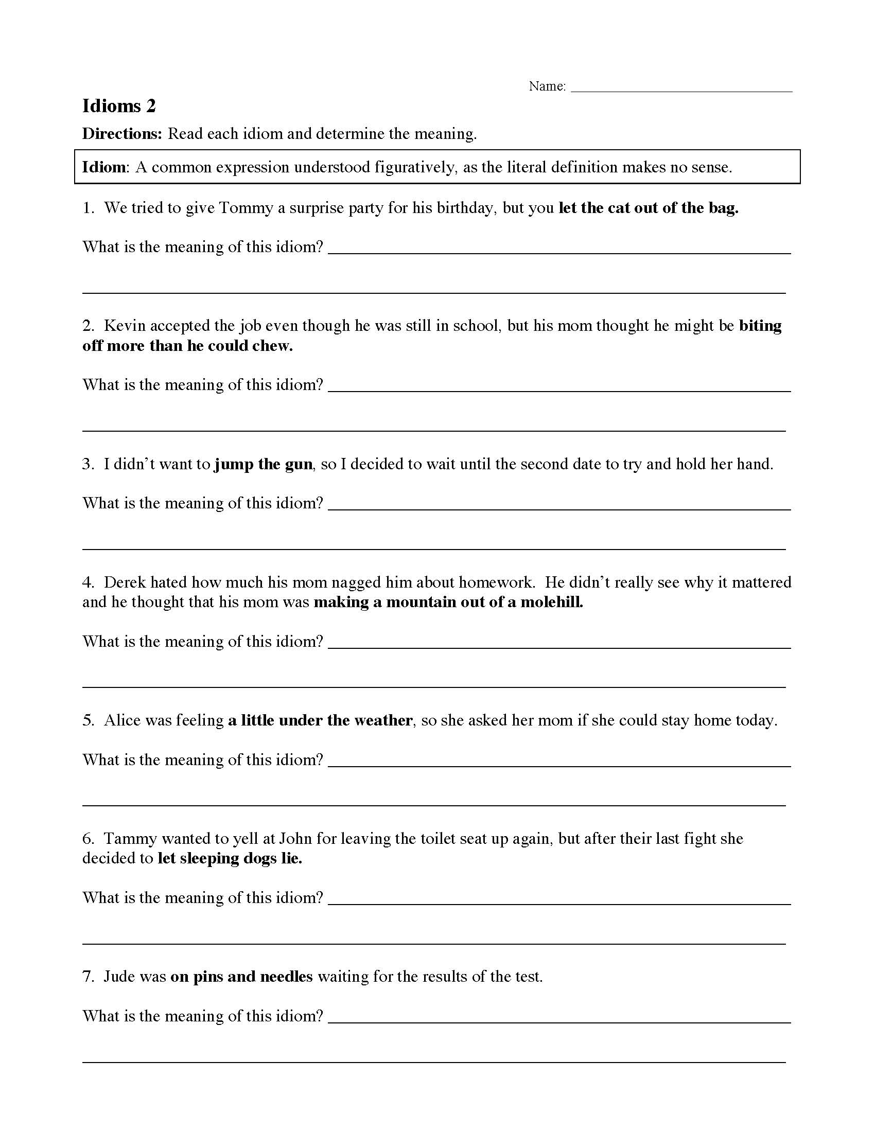 Idiom Worksheet 2 | Reading Activity