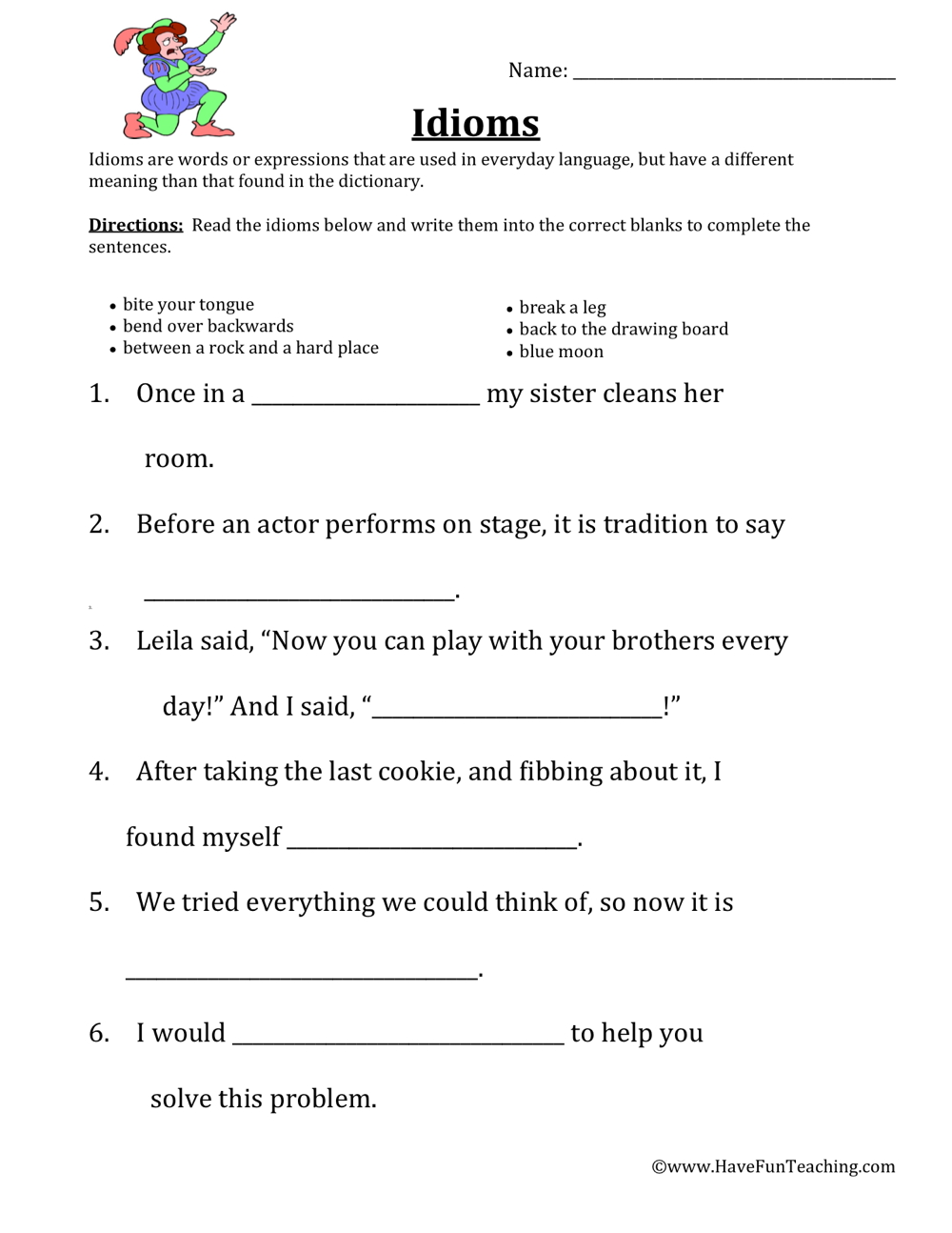 idioms worksheet kids
