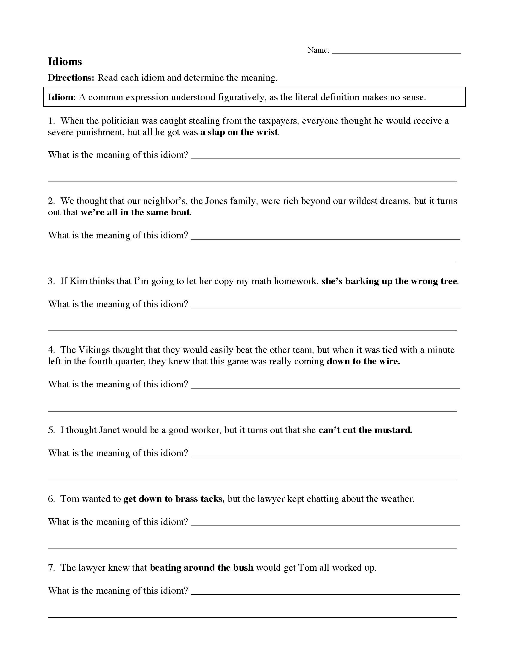 idioms worksheet with answers homework