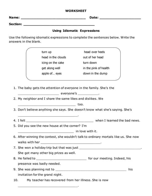 idioms worksheet with answers homework