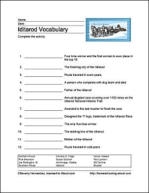 iditarod worksheet