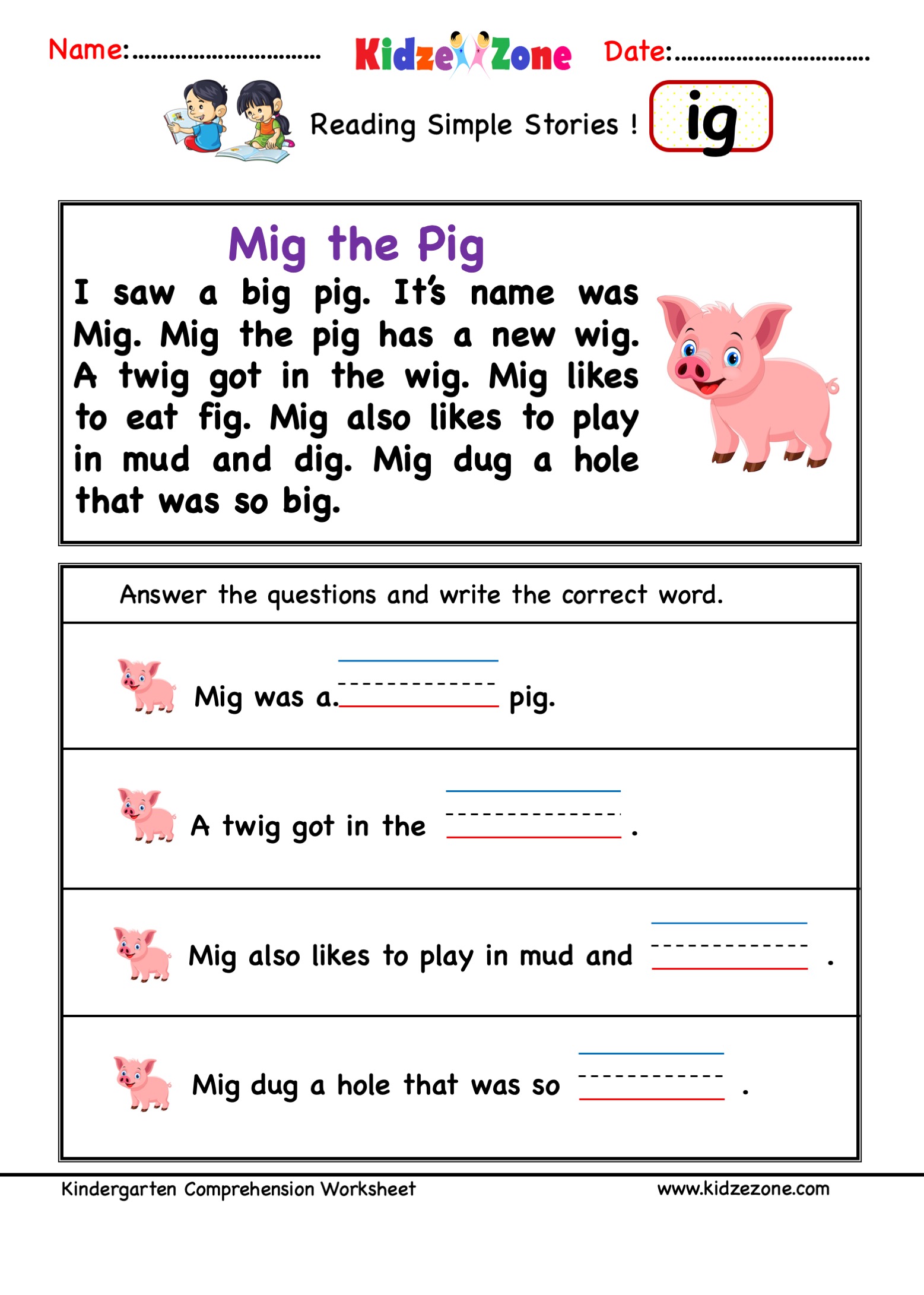 Ig word family comprehension worksheet - KidzeZone - Worksheets Library ig-word-family-comprehension-worksheet-kidzezone-worksheets-library