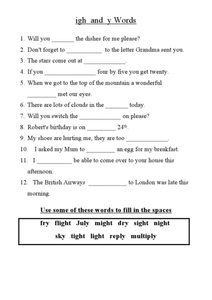 Igh and Y Words Worksheet for 2nd - 3rd Grade | Lesson Planet