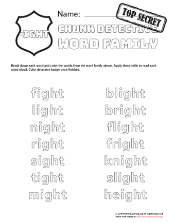 Night, Right, Light -ight word family and word study printable worksheets