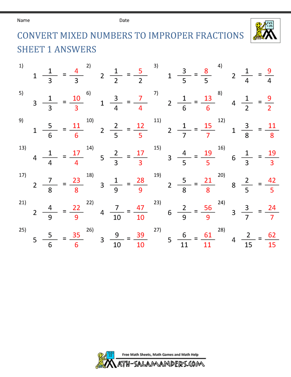 improper fraction to mixed number worksheet pdf