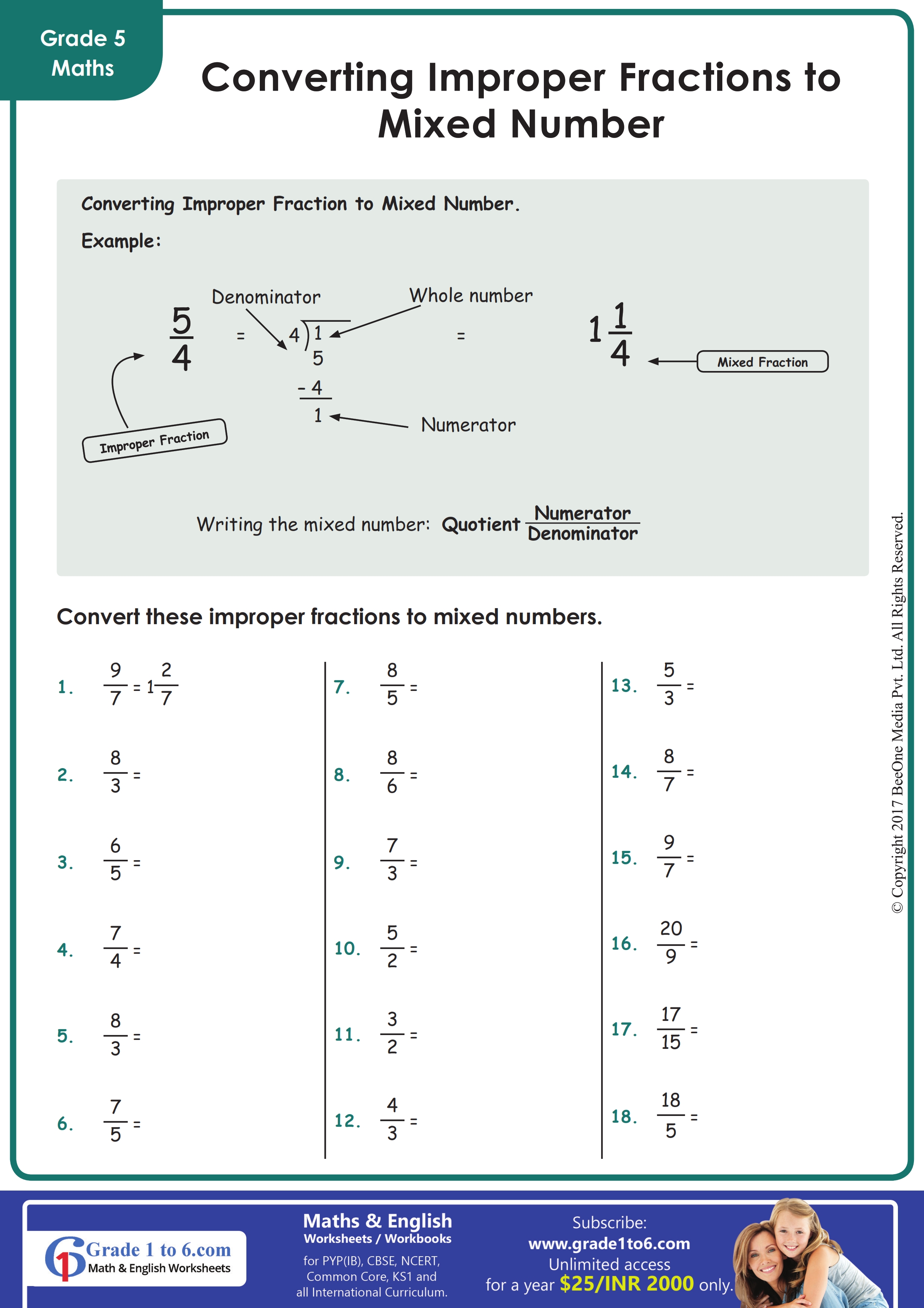 Converting Improper fraction to Mixed number | Grade1to6