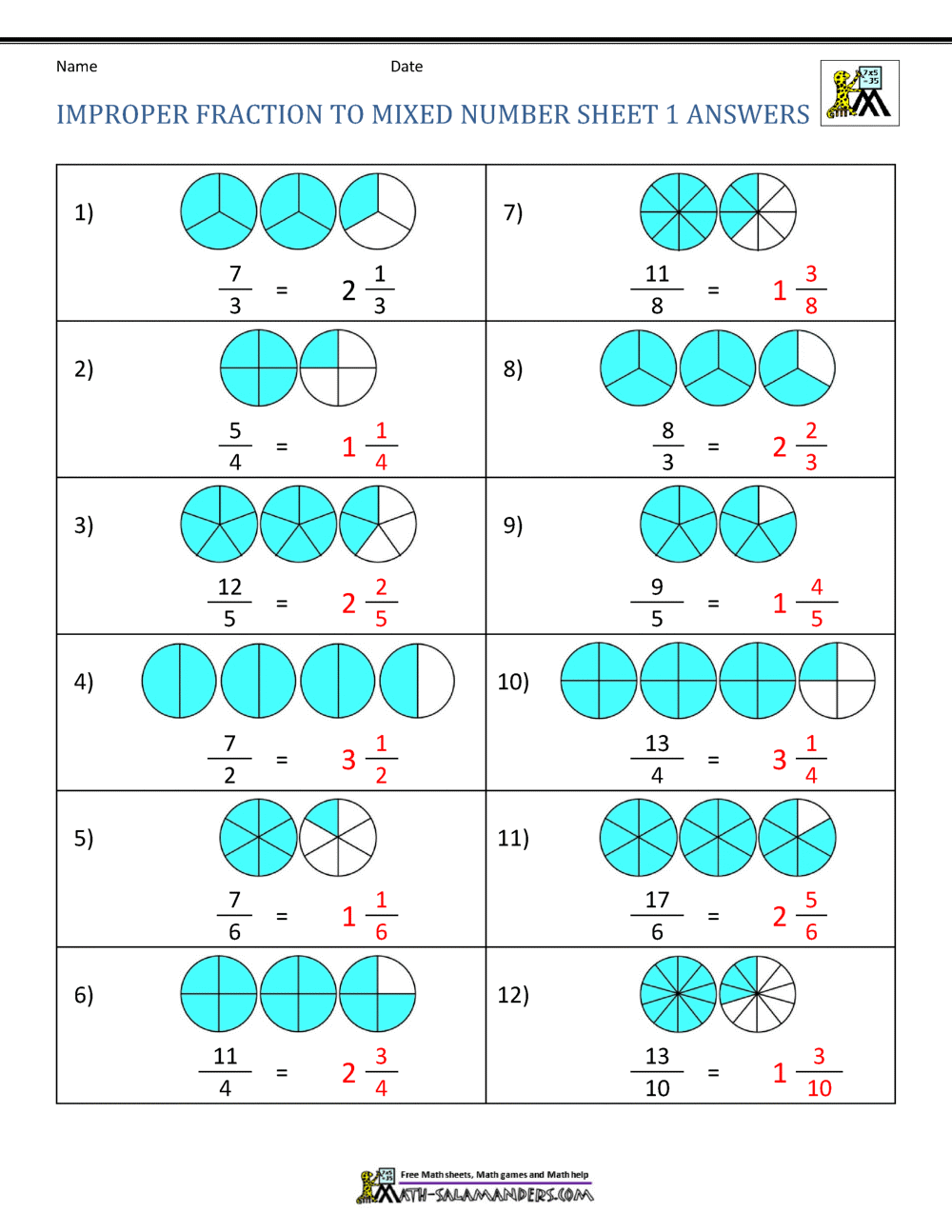 Improper Fraction Worksheets